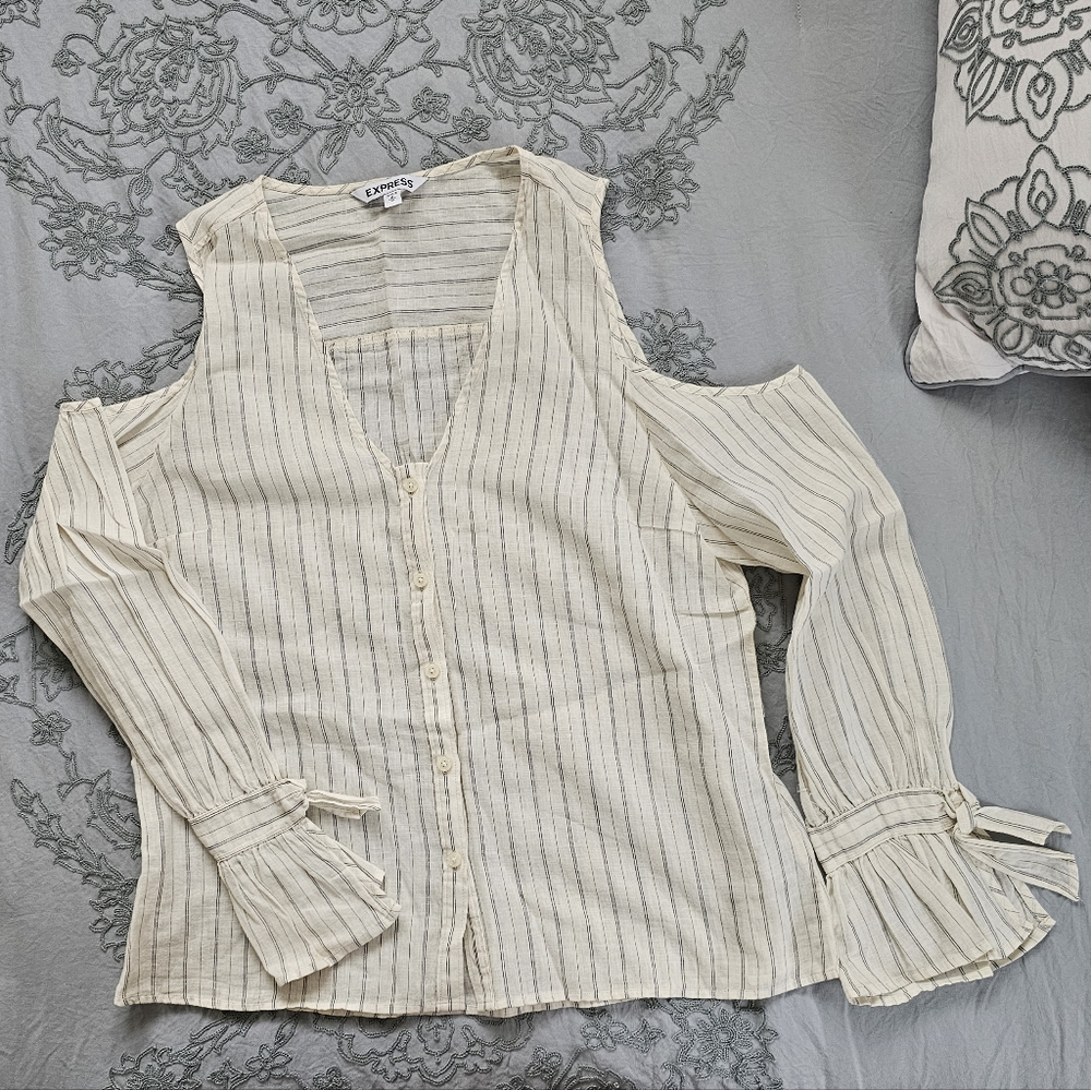 Express Cold Shoulder Linen Stripe Blouse Size Medium